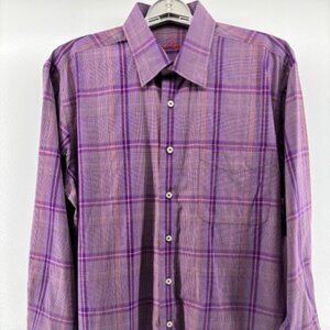 Alan Flusser Shirt Mens Large Plaid Purple White Long Sleeve Button Up Collar